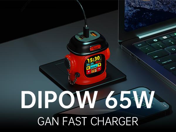 Divoom Dipow 65W USB-C Charger 3-Port Fast GaN Charger with DIY Pixel Display Foldable Compact Wall Block Power Adapter for iPhone 16/15 MacBook iPad Galaxy S23/S24 Switch Red (with 100w Cable) Charging Electronic Cellphone Smartphone Portable Multi-Port