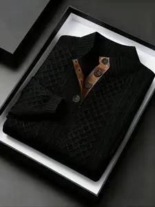 Men's Casual Sweater, Leather Patchwork Stand Collar Button Design Elbow Patches, Warm Sweatshirt for Fall & Winter Seasons