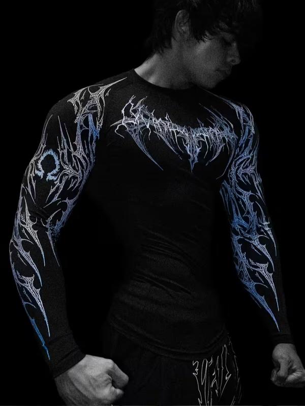 Men's Professional Sports Quick-Dry Fitness Shirt, Gothic Print Long Sleeve, High Elasticity, Round Neck, Moisture-Wicking, Running, Training, Daily Wear, Athletic Top