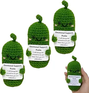 Emotional Support Pickled Cucumber, Cute DIY Handwoven Pickle Doll Ornament with Wooden Base, Perfect DIY Knitting  Doll