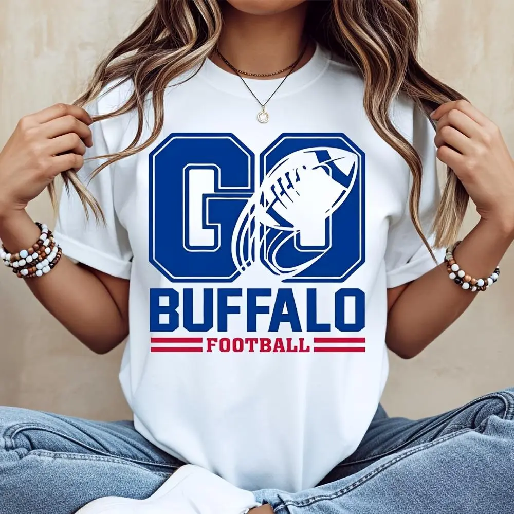 Go Buffalo Football Graphic Print T-Shirt, American Sports Team Spirit Design, Casual Daily Wear Game Day Outfit