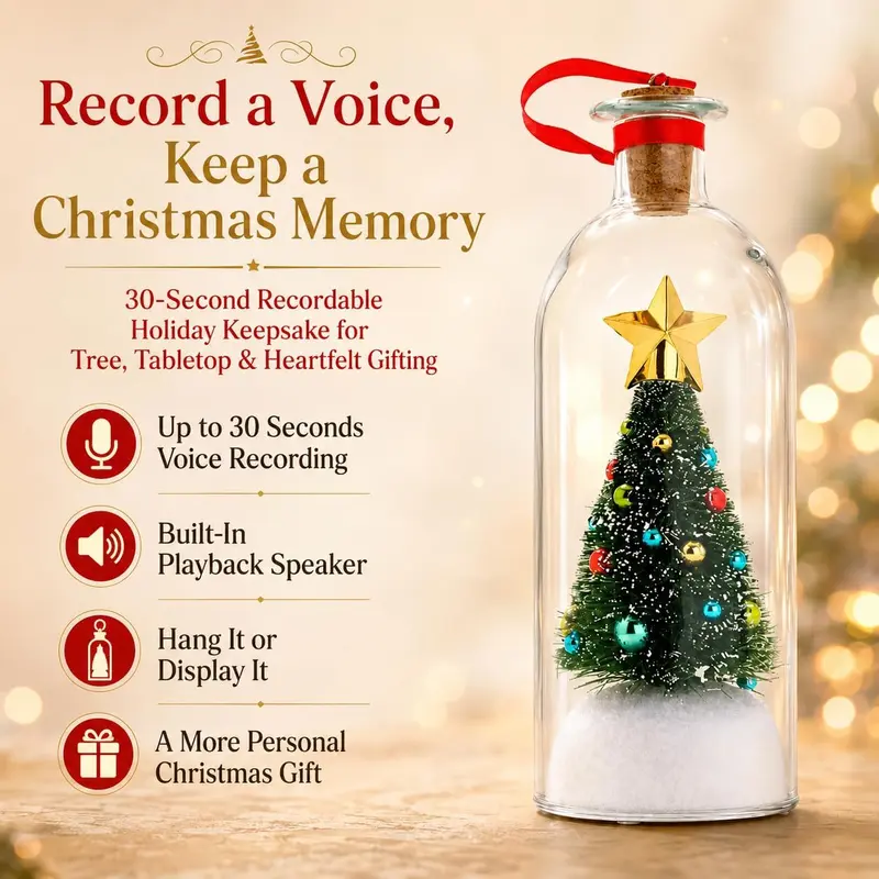 Recordable Christmas Message in a Bottle Ornament 8 Inch Voice Recording Holiday Keepsake with Playback Snowy Christmas Tree Scene Glass Bottle Decoration for Tree Home and Gift