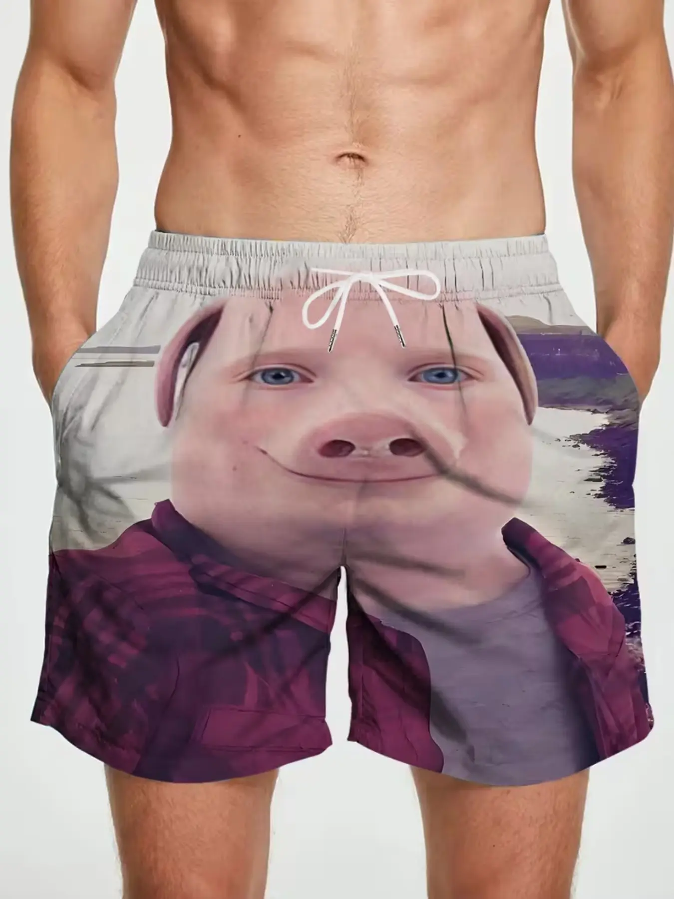 Men's Cartoon Pig Printed Quick-Dry Beach Swim Shorts, Swimwear Shorts, Swimming Shorts, Summer Swim Trunks, Adjustable Drawstring Waist, Pockets, Lightweight, Fashionable H-Type, Swim Trunks