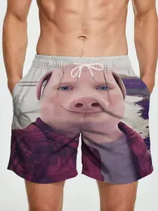 Men's Cartoon Pig Printed Quick-Dry Beach Swim Shorts, Adjustable Drawstring Waist, Pockets, Lightweight, Fashionable H-Type, Swimming Trunks