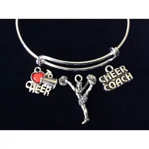 Love to Cheer Coach with Cheerleader Expandable Silver Charm Bracelet Adjustable Wire Bangle Handmade Gift Trendy Stacking Bangles