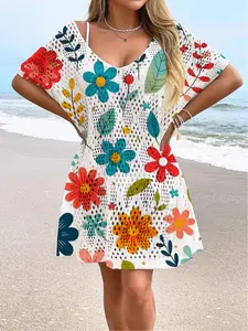 Spring and summer vacation V-neck hollow drop shoulder beach sun protection dress, stylish floral print bikini cover-up for holidays, Beach Cover Ups, Swimwear Cover Up, Swimwear Coverups