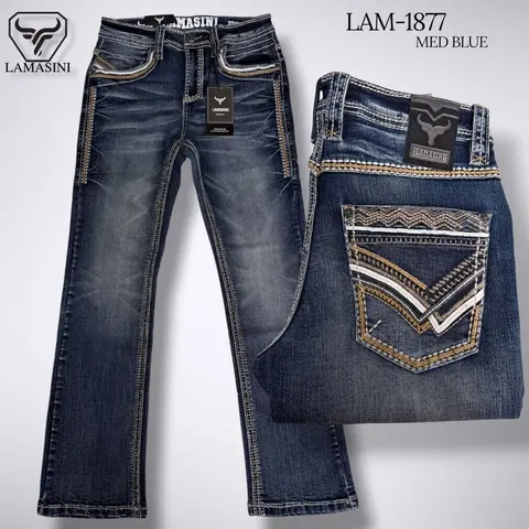 Men's High-Quality Cotton Fabric Denim Jeans (LAM-1877) - Modern Bootcut Menswear, 4-Pocket Carry with Embroidered Pockets, Zip Fly, Casual Bottoms, Machine Washable