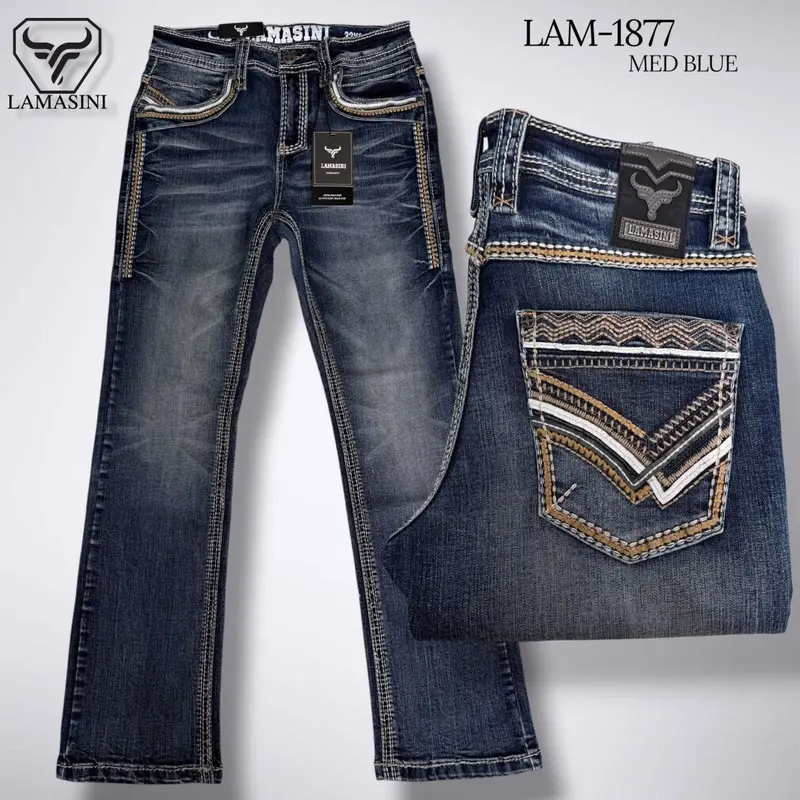 Men's High-Quality Cotton Fabric Denim Jeans (LAM-1877) - Modern Bootcut Menswear, 4-Pocket Carry with Embroidered Pockets, Zip Fly, Casual Bottoms, Machine Washable