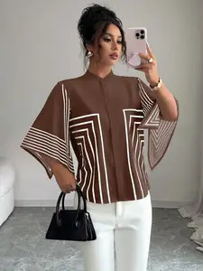Geometric Print Stand Collar Blouse Top, Kimono Sleeve Half Sleeve, Casual Office Daily Wear, Perfect for Breakfast Date Shopping Travel