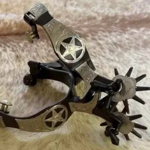Pair Adult Size Brown Steel Western Jingle Bob Spurs Engraved Silver Accents