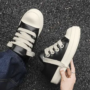 2026 Fashion Brand Black White Men Niche Design Thick Rope Lace Genuine Leather Platform Height Increase Skateboard Shoes American High Street Bread Sneakers Chunky Sole Couple Unisex Comfortable Non-Slip Hot Sale Viral Trending Best Seller