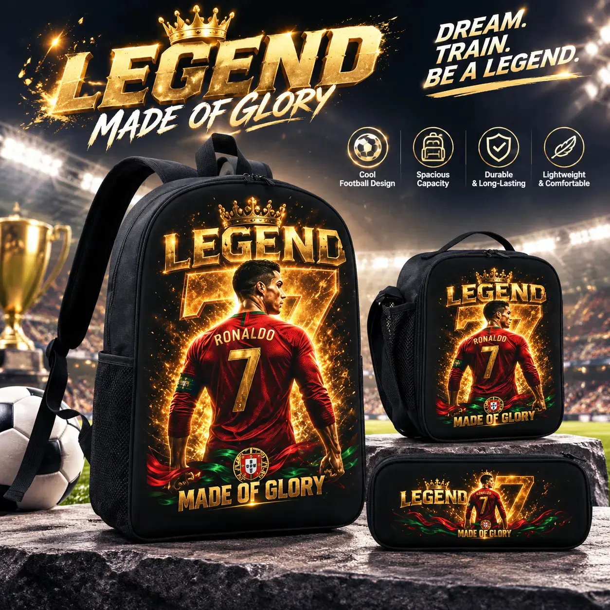2026 Back to School Legend 7 Kids Backpack 3-PCS Set Pack - Oxford Fabric Ronaldo Print School Supplies for Boys, Insulated Lunch Box & Pencil Case, Sports Fan Birthday Gift