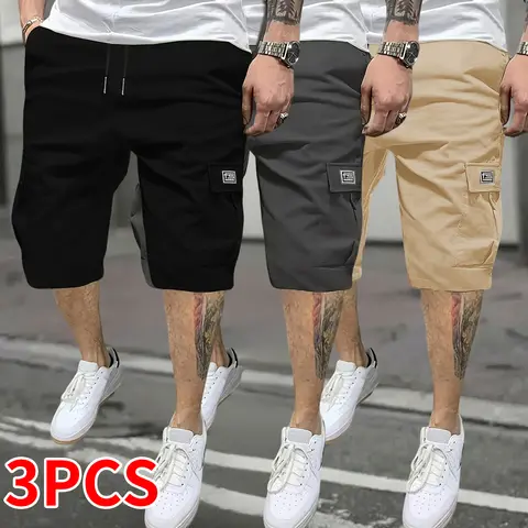 Men's 3PCS Plain Woven Cargo Shorts - Loose-Fitting, Mid-Waist, Multipocket, Drawstring Bottoms in Black, Gray, Khaki for Spring & Summer Casual Wear, Machine Washable, No