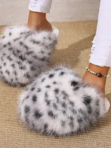 Women's Fashion Faux Fur Slippers, Fluffy Open-Toe Design, Comfortable Warm Indoor Outdoor Shoes, Trendy Animal Pattern, Leopard Print Slippers