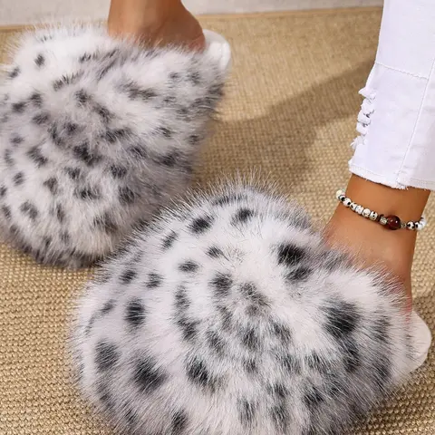 Women's Fashion Faux Fur Slippers, Fluffy Open-Toe Design, Fluffy Casual Home Slippers, Comfortable Warm Indoor Outdoor Shoes, Warm House Slippers, Trendy Animal Pattern, Leopard Print Slippers, Fashionable Slippers