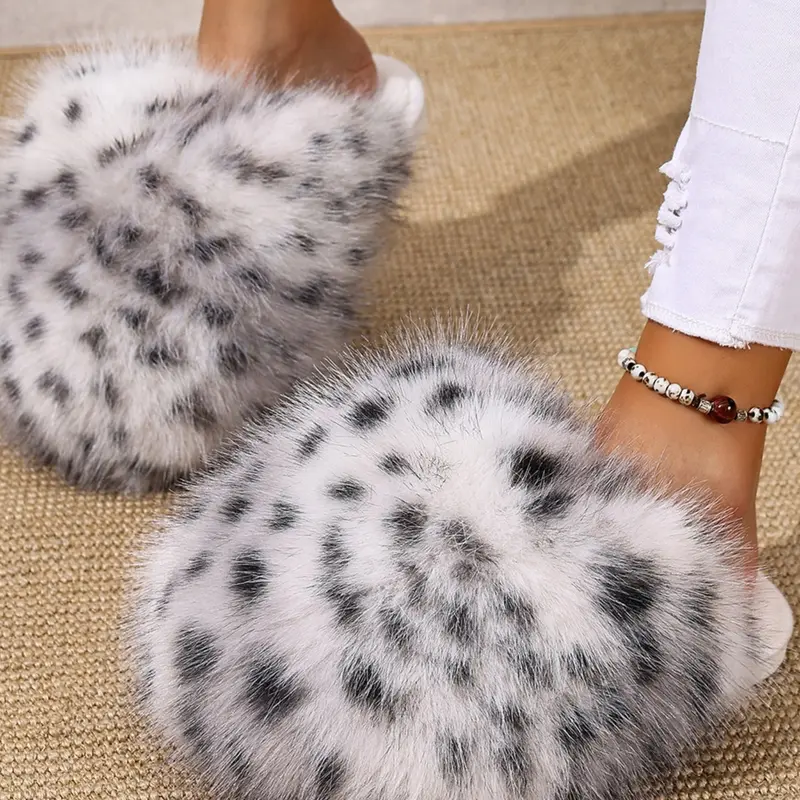Women's Fashion Faux Fur Slippers, Fluffy Open-Toe Design, Fluffy Casual Home Slippers, Comfortable Warm Indoor Outdoor Shoes, Warm House Slippers, Trendy Animal Pattern, Leopard Print Slippers, Fashionable Slippers