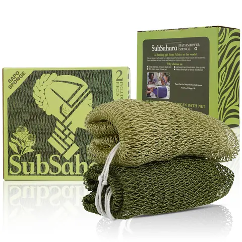 SubSahara Authentic African Net Sponge - 2 Pieces Exfoliating Scrubber for All Skin Types, Bath Sponge for Face & Body, Travel Portable, Durable, Gentle Exfoliation