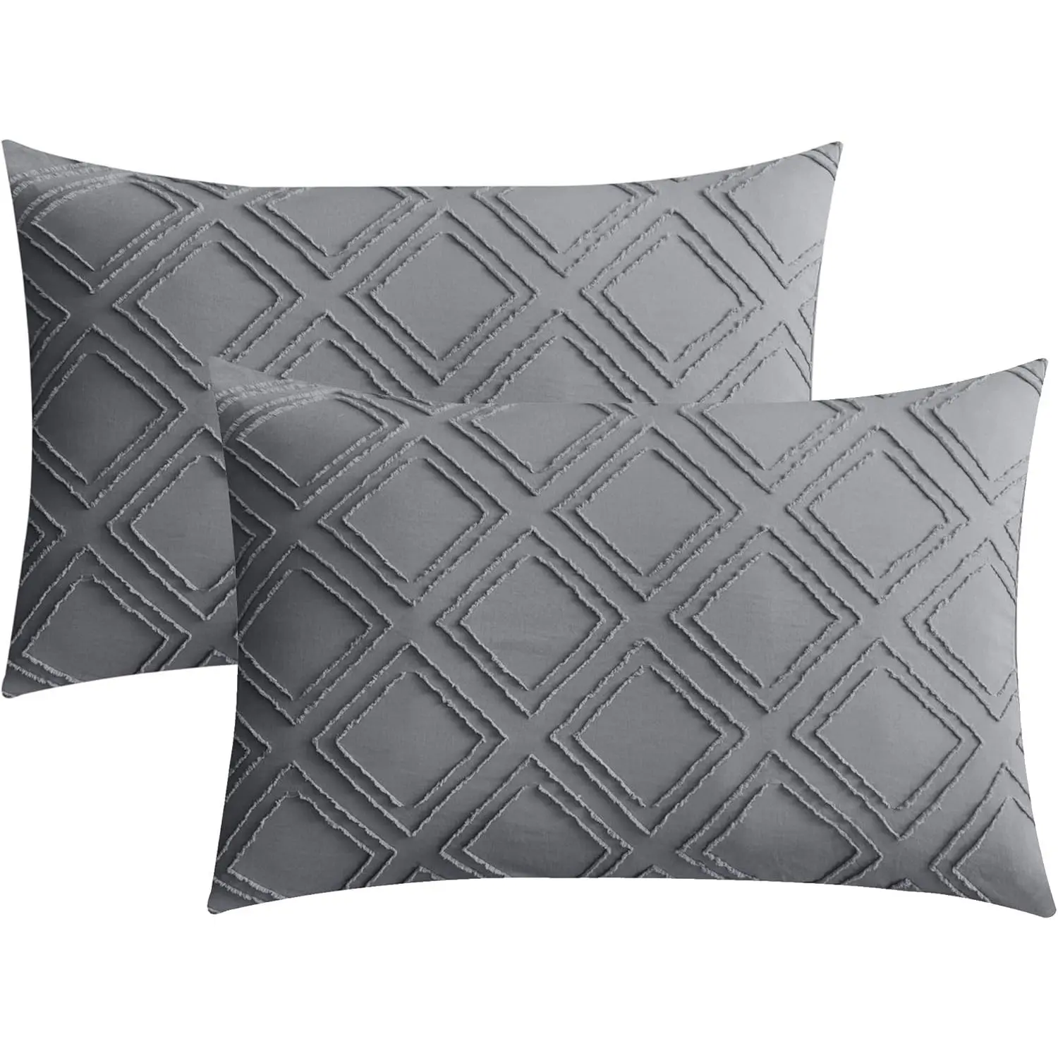Grey 2-Pack Standard Size Microfibre Pillowcases - Geometric Pattern, Tufted, Envelope Closure, Soft, Machine Washable, Unlit Pillow Covers (Pillows Not Included), Two-Pack