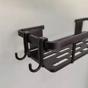 Wall-Mounted Storage Rack with 2 Hooks, Heavy-Duty Plastic No Drilling Adhesive/bolt Installation, Multi-Layer Shower Organizer, Self Adhesive Hooks