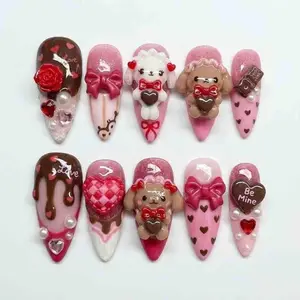 [Valentine Collection] TM10  Lynn Chocolate Love Press-On Nails, 3D Bear & Bunny Charms, Chocolate Drip and Candy Heart Details, Pink Brown Sweet Valentine Style