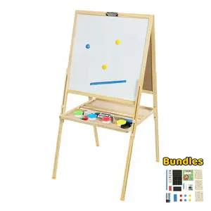 CNCEST Kids Easel 3-in-1 Bundle Adjustable Height Art Stand Wooden Double-Sided Magnetic Dry Erase Whiteboard & Chalkboard with Art Supplies Foldable Painting Desk Set for Children Ages 3-6