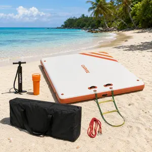 5 x 6Ft Inflatable Floating Dock Platform, Heavy-Duty Non-Slip Water Raft for Lake, Pool, Beach & Ocean – Portable Swim Mat with Carry Bag & Pump for Adults, Lounging, Yoga, Fishing-White & Orange