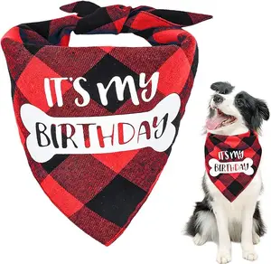 Red Dog Birthday Bandana, Double Sided Cotton Triangle Dog Bandanas Dog Birthday Party Supplies Dog Bandanas Boy Girl Dog Birthday Gift Plaid Scarf for Small to Large Dogs Cats Pets. pet costume