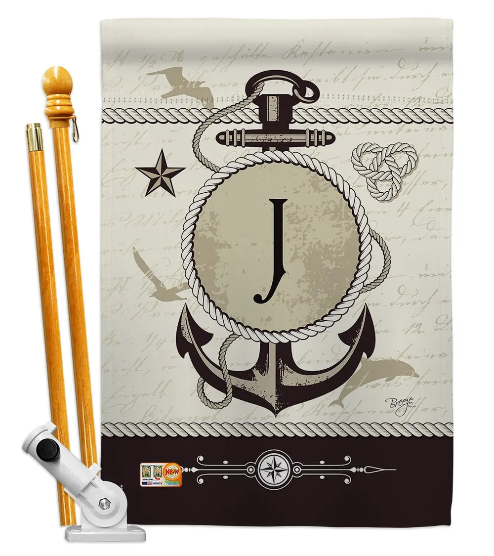 Breeze Decor 28"x40" Vertical Outdoor Nautical J Initial Coastal Impressions Double-Sided 1 Pc X-Large House Flag Set, Weatherproof, Fade Resistant, 2.42 lbs, Adjustable Angle Wall Mount Pole Bracket Hardware (BD-NA-HS-130192-IP-BO-D-US14-BD)