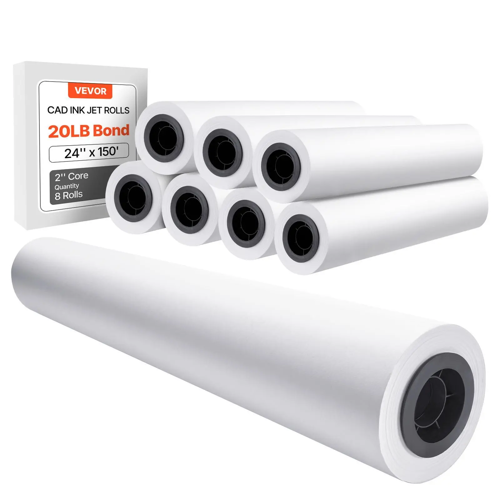 VEVOR Wide Format Plotting Paper, 24 in x 150 ft Plotter Roll, 8 Rolls with 2 in Core, 20 LB Bond Paper, Ideal for CAD Drawings & Architectural Designs (Scrapbooking DIY Supplies),toolupgrade
