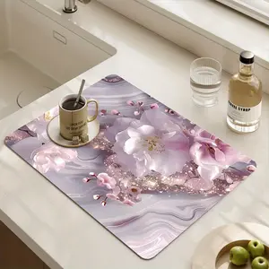 Large Kitchen Dish Drying Mat 1PC, Spring Floral Pattern, Water Absorbent High Absorption Fast Drying Countertop Mat, Heat Resistant Easy Cleaning Non-Slip Coffee Machine Pad Faucet Mat for Home Kitchen Restaurant