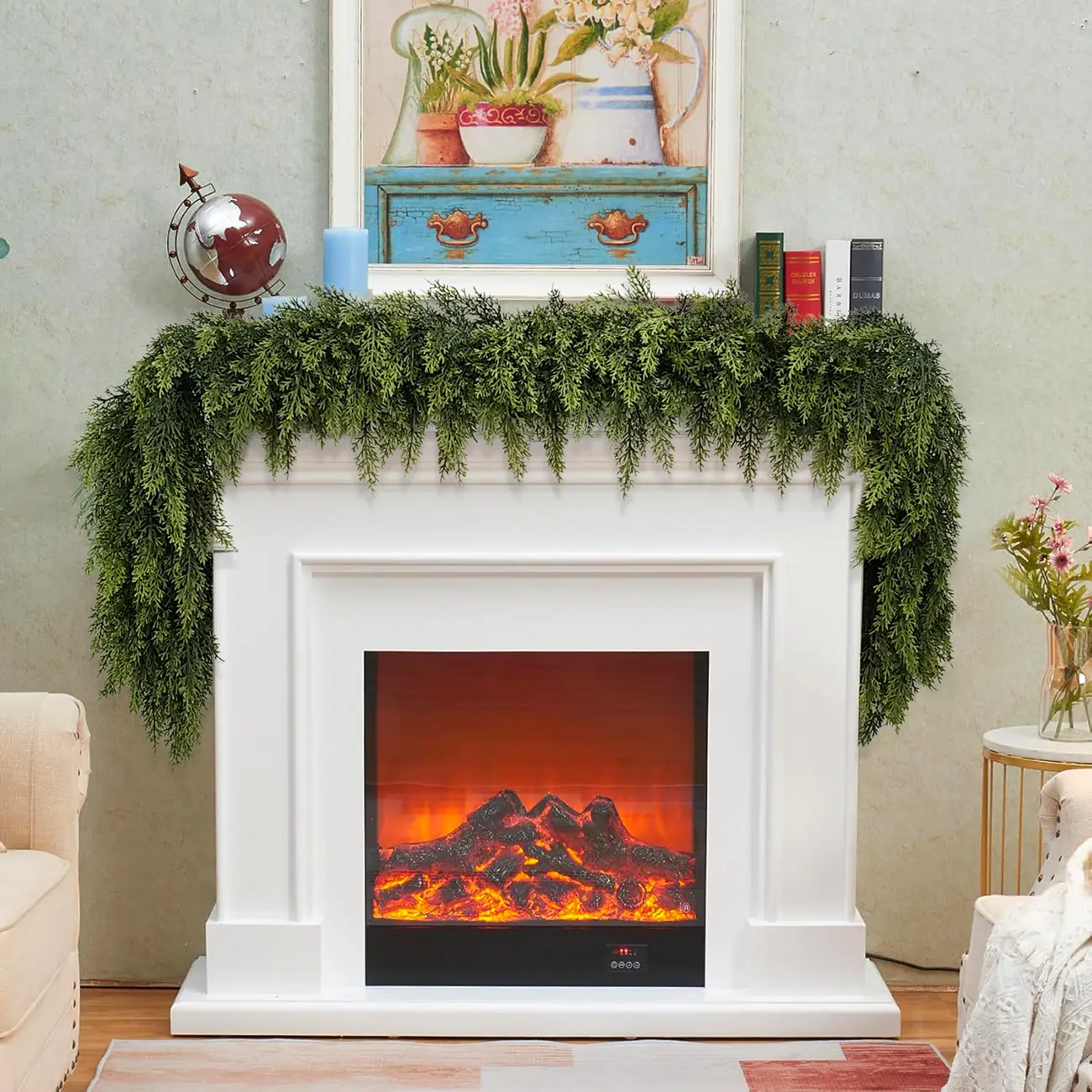 6 FT 2 Pcs Artificial Cedar Garlands, Real Touch Winter Cedar Garland, Green Artificial Greenery Pine Garland for Table, Mantle, Wall, Indoor, Outdoor