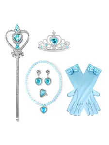Princess Crown Magic Wand Necklace Ring Earrings Gloves Set, Birthday Party Costume Accessories, Kids Role Play Dress Up Toys