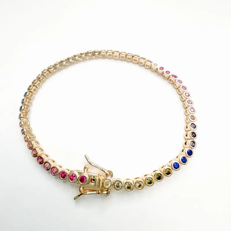 Women's 14kt Gold Plated Circle Tennis Bracelet with Multicolored CZ Stones - Gold-Tone Multi-Color Bracelets & Bangles, Fashionable and Versatile Female Costume Jewelry Accessory for Daily, Any Occasion Ideal Gift, Luxurious Look, Cubic Zirconia, Gold Ae