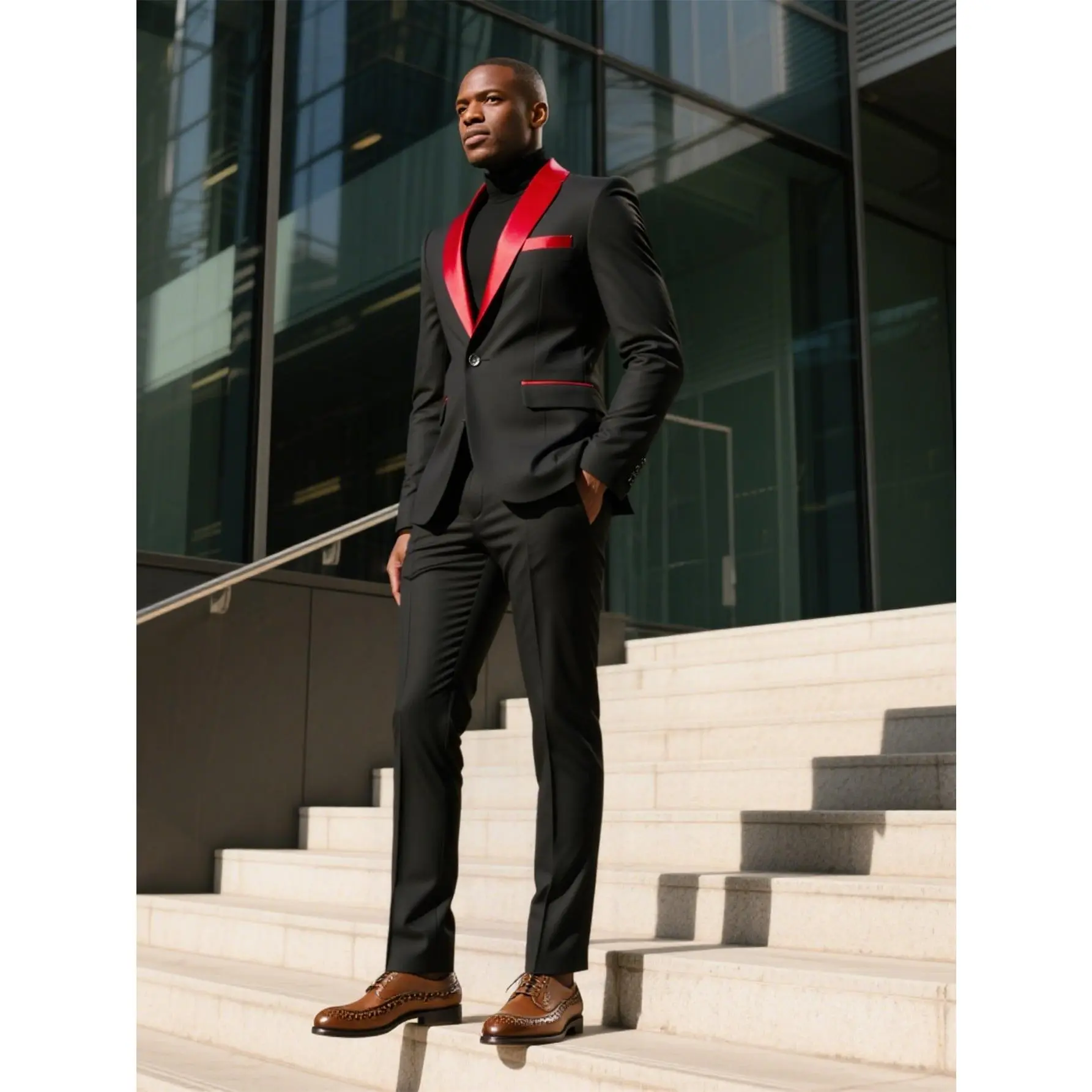 Men's Fashion 3-Piece Formal Suit - Red Black, Long Sleeve Blazer with Black Shoulder Lapel, Single-Button Slim-Fit Jacket, Pocketed Vest, Trousers, Premium Fabric Formal Wear for Wedding, Dance Party, Formal Look