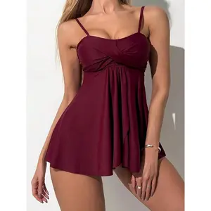Style Sexy Strapless Thin Strap Two-Piece Swimsuit Skirt Style Slim Burgundy Swimsuit for Women High Elasticity Nylon Spandex Elegant Special