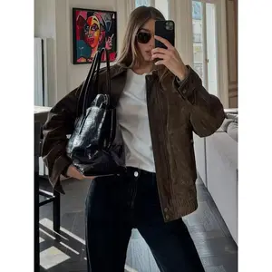 Women’s Velvet Bomber Jacket, Oversized Lapel Retro Style, Fashionable Casual Streetwear, Buttoned Pocket Coat, Autumn–Winter Set