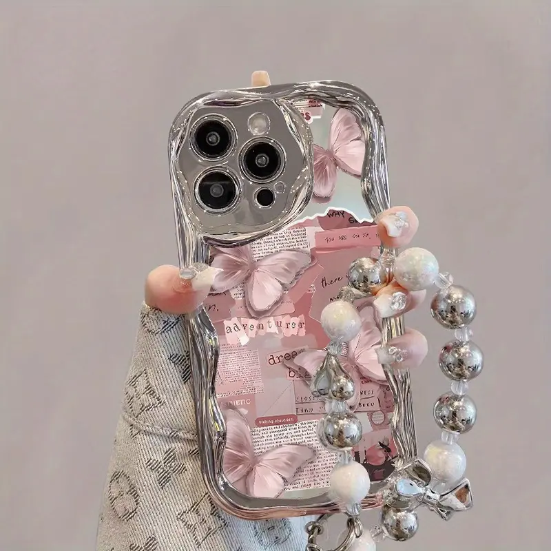 Electroplated Silver Curved Edge Pattern Phone Case with Pearl Bracelet Strap, Shockproof Durable Unique Casing Cover Protector for iPhone 16/15/14/13/12/11 Pro, Pro Max, 16/15/14 Plus - Cute Fashion Thick Mobile Phone Accessory