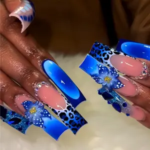 20pcs 3D Royal Blue Leopard Print Curved Nails, Handmade Floral Design, Glossy Finish, Reusable, Free Jelly Glue & Nail File, Party & Daily Wear