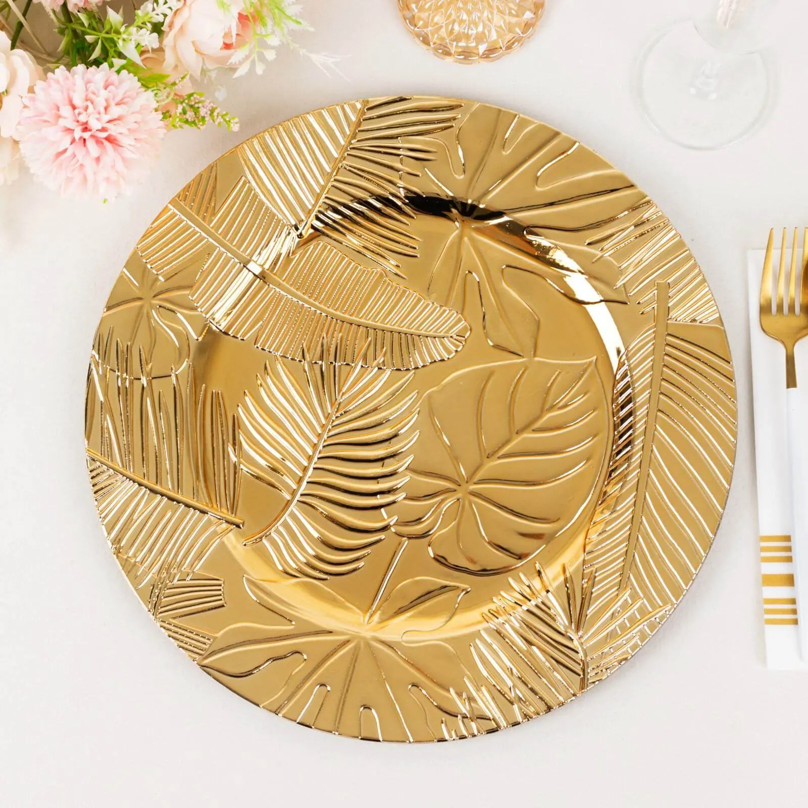 13in Round Acrylic Charger Plates - 6-Pack Metallic Gold with Embossed Tropical Leaves, Decorative Tableware for Wedding, Baby Shower Gifts