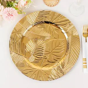 6-Pack Acrylic Charger Plates 13" Round Metallic Gold with Embossed Tropical Leaves - Decorative Dinner Charger Tableware