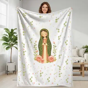 Blessed Virgin Mary Flannel Blanket  Religious Floral Pattern  Ultra Soft Warm Lightweight Cozy Plush Throw  Perfect for Church Prayer Devotion  Home Living Room Sofa Couch Decor  Meaningful Spiritual Gift for Mothers Day Religious Celebrations