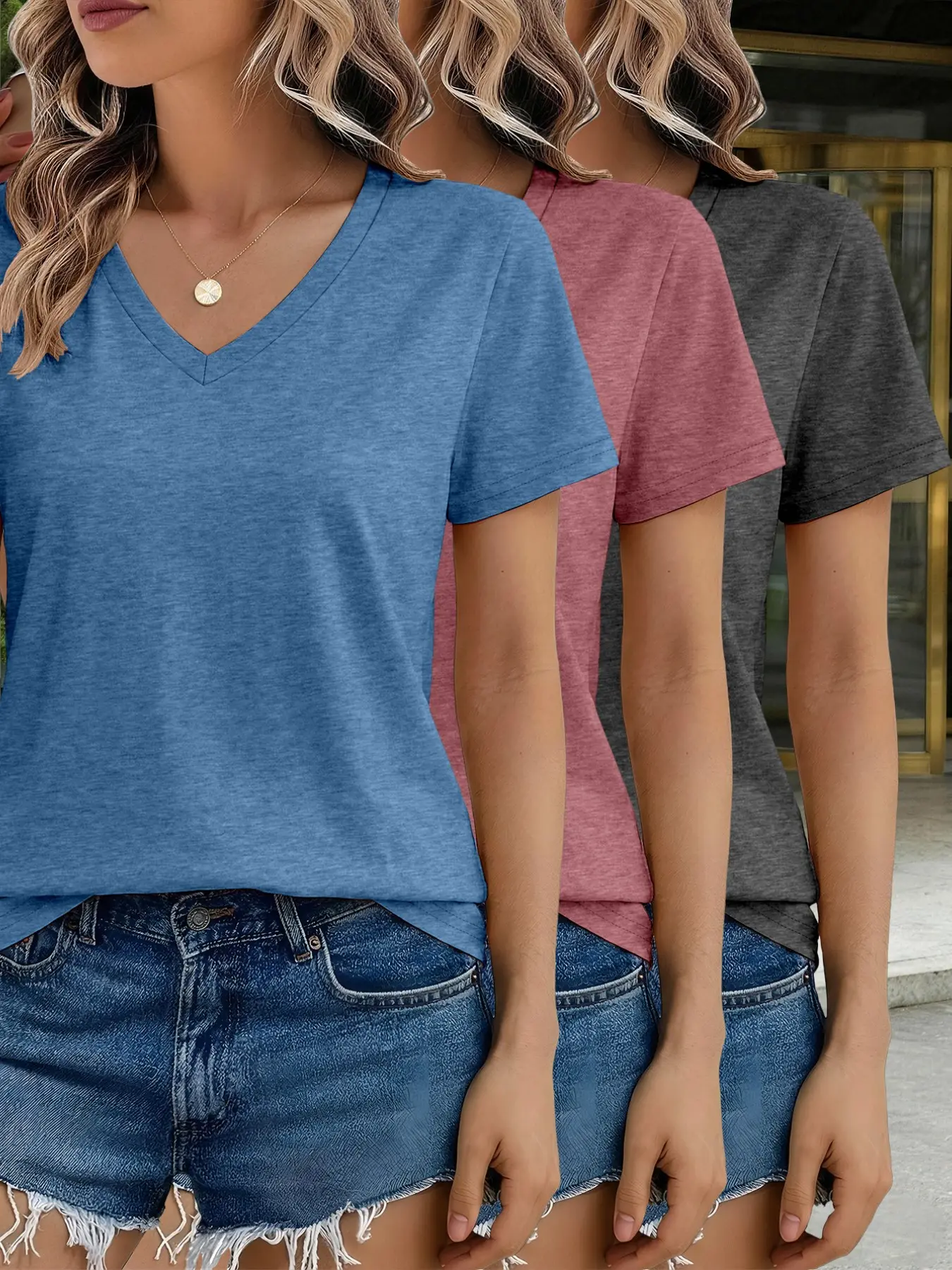 Women's V-Neck Short Sleeve Basic T-Shirt 3-Pack Set, Casual Fitted Solid Color Top, All Seasons Wear, Summer, Comfortable Unlined Design