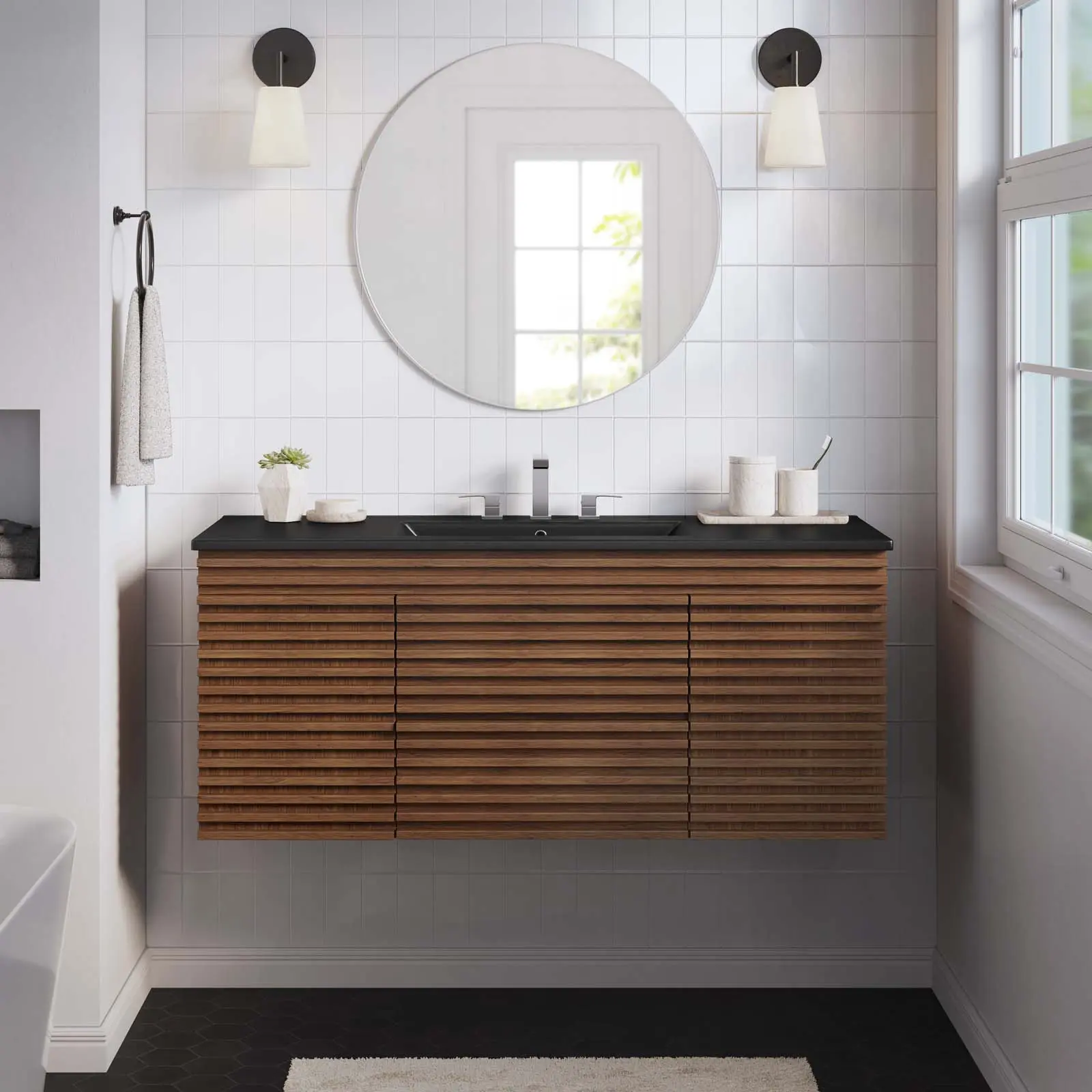 Modway Render 48" Wall-Mount Bathroom Vanity in Walnut Black