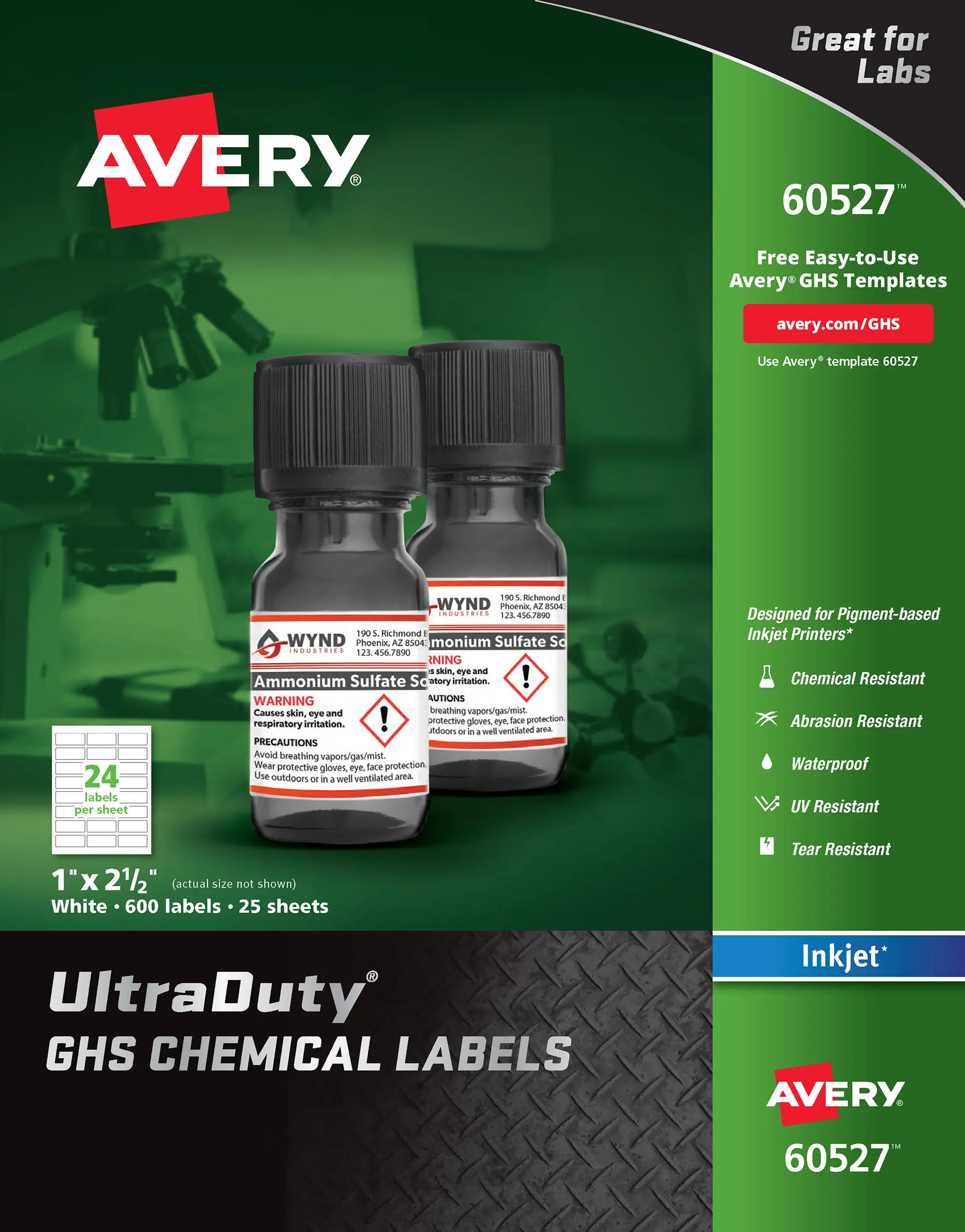 Avery UltraDuty GHS Chemical Labels for Pigment Inkjet Printers, Waterproof, UV Resistant, 1x 2.5, Pack of 600 (60527)