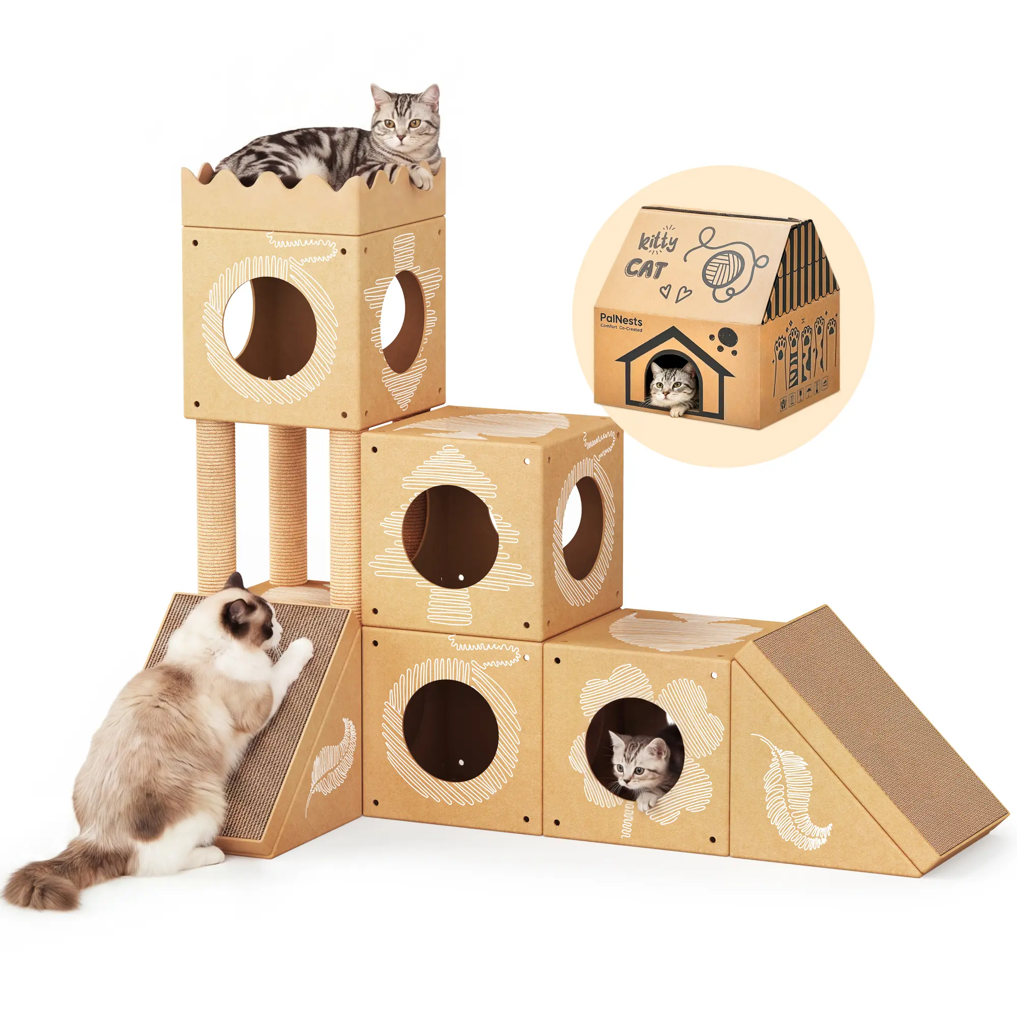 PalNests  Cat Trees Tower, DIY Creativity Multi-Level Cat Castle Tower with Scratching Posts, Scratching Board, Tunnel & Playhouse for Kittens & Medium Cats, DIY & Recyclable(Kraft Brown)