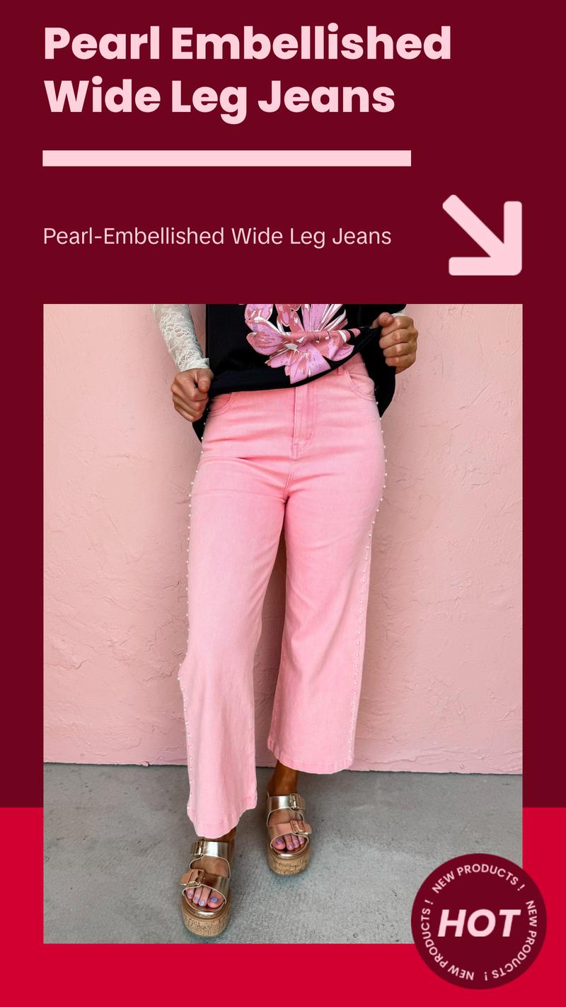Visiting Italy Pearl Embellished Wide Leg Jeans-Pink