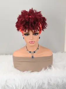 Women Hairband-Style Wig Set, African Style Curly Wigs, Artificial Short Hair, Headscarf-Style Wigs, Wine