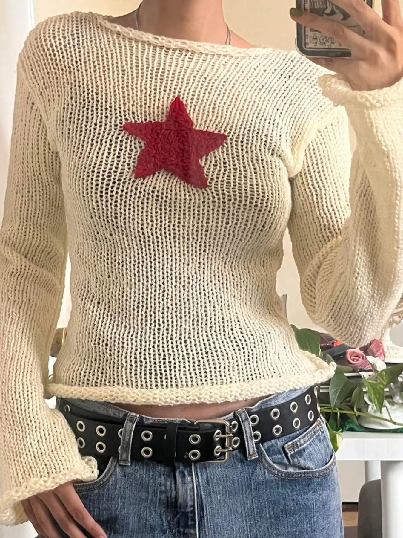 Women's Y2K Star Graphic Drop Shoulder Crop Sweater, Comfortable Womenswear for Lady, Cozy Sweaters, Extra-Long Sleeve Round Neck Jumper For Fall, Wom