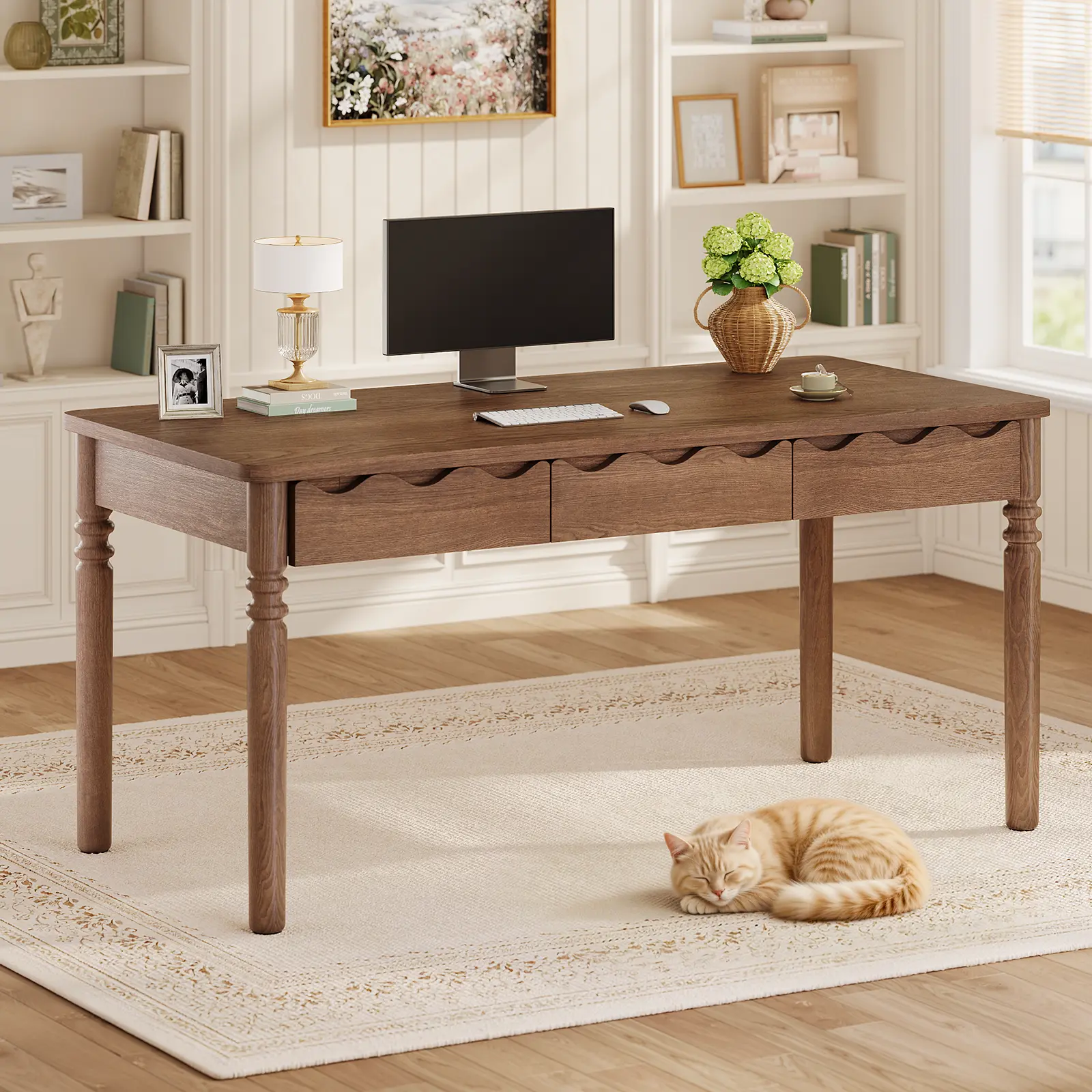 SEDETA 47 Inch Solid Pine Wood Computer Desk Executive Home Office Desk with 3 Wood Drawers for Work Study Writing Bedroom Makeup Vanity Desk