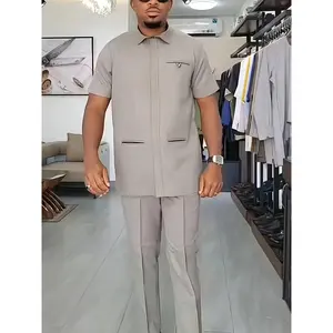 African Dashiki Men's Set, Short Sleeve Workwear Style, Zippered Cardigan, Ethnic Style, Elastic Waist Pants, African Clothing, Big & Tall Men's Set, Men's Casual Shirt and Pants 2pcs Set, New Four-Season Style 1 Set, Street Style, Party, Wedding